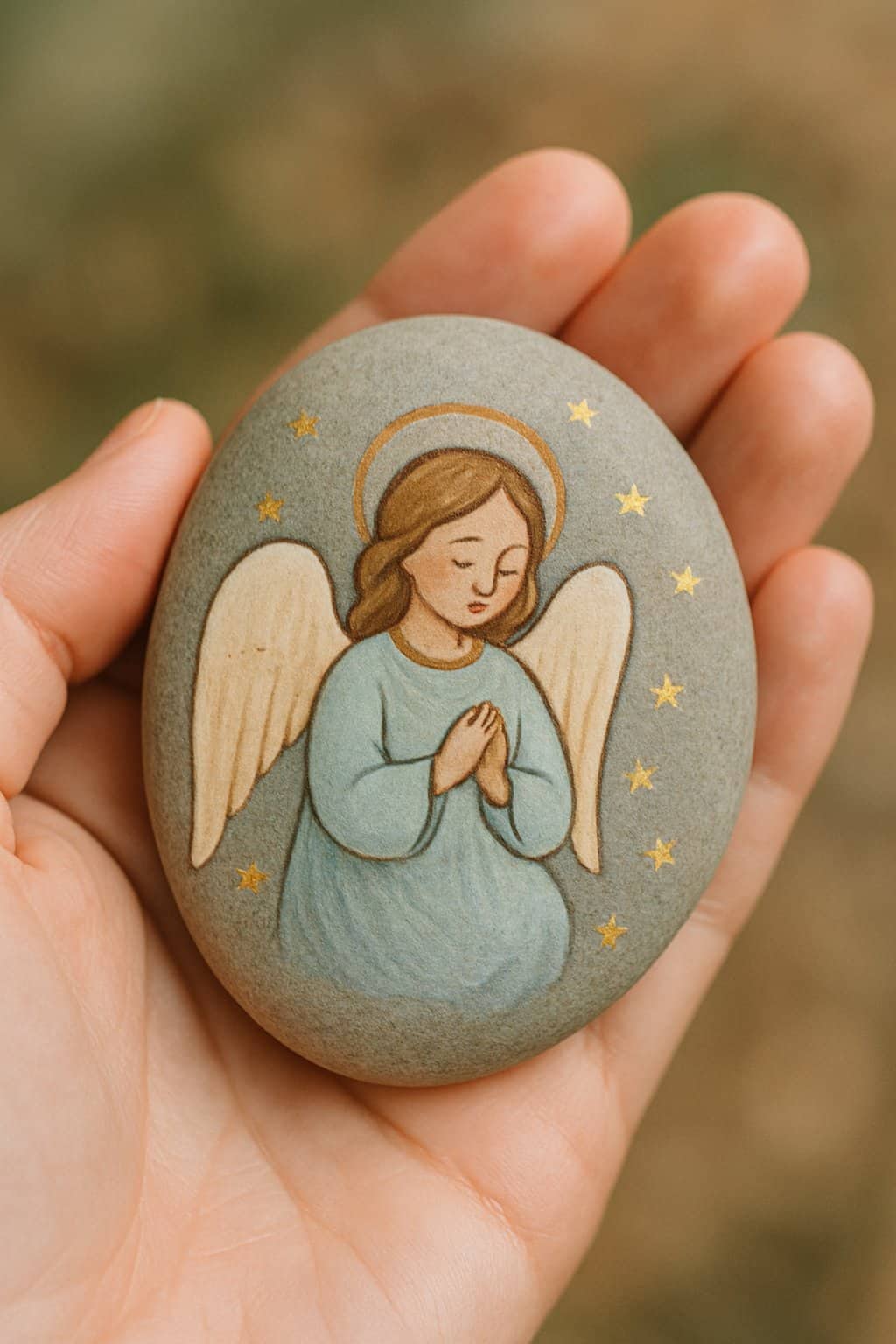 A hand holding a smooth river rock painted with an angel surrounded by stars.