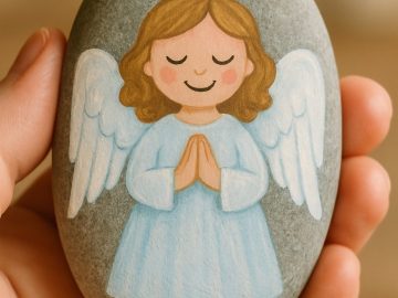 A hand holds a smooth stone painted with a smiling angel in a blue robe, white wings, and a halo, with hands pressed together in prayer.