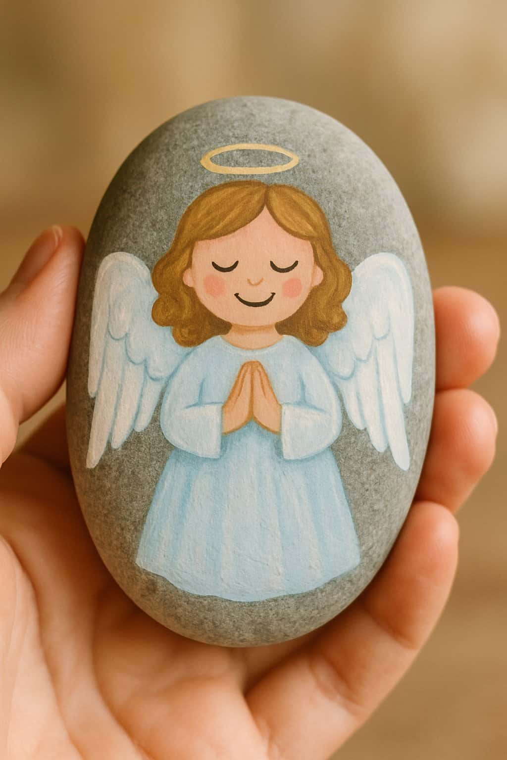 A hand holding a smooth river rock painted with an angel that has a bright smile and folded hands.