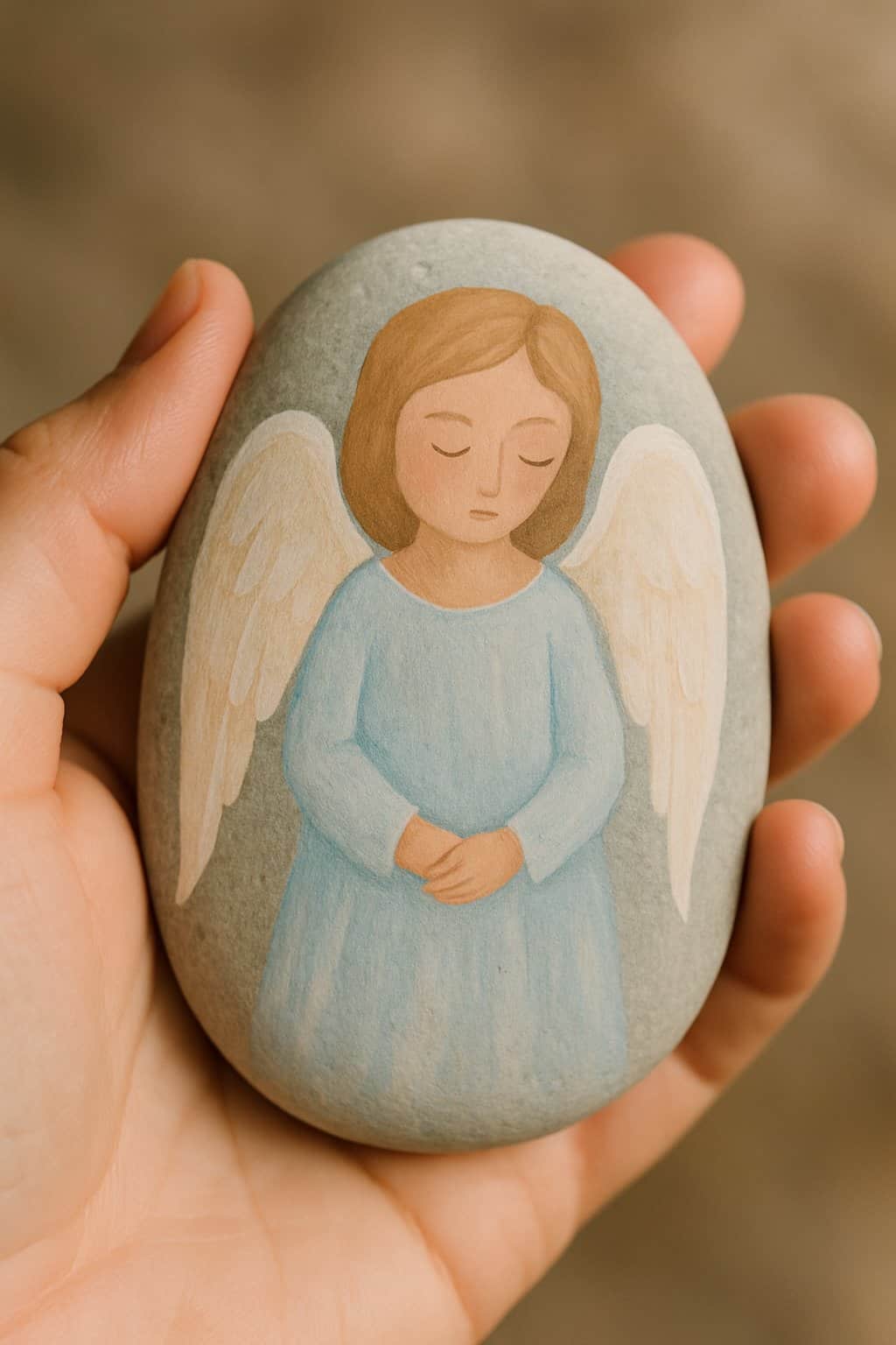 A hand holding a smooth river rock painted with an angel design in soft pastel colors.