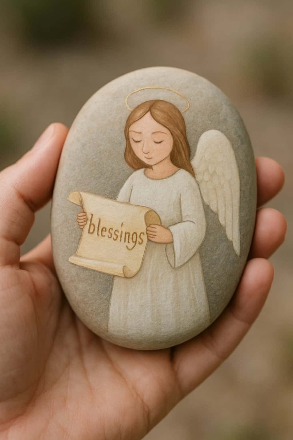 A hand holding a smooth river rock painted with an angel holding a scroll.