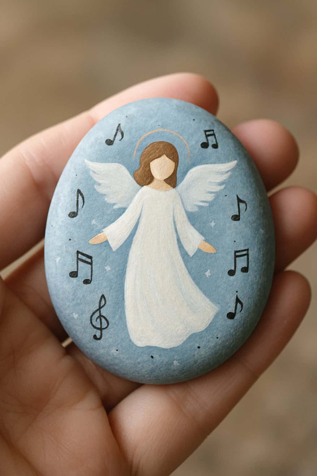 A hand holding a smooth river rock painted with an angel and musical notes.