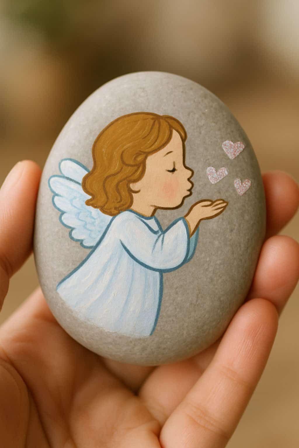 A hand holding a smooth river rock painted with an angel blowing kisses and glitter hearts.