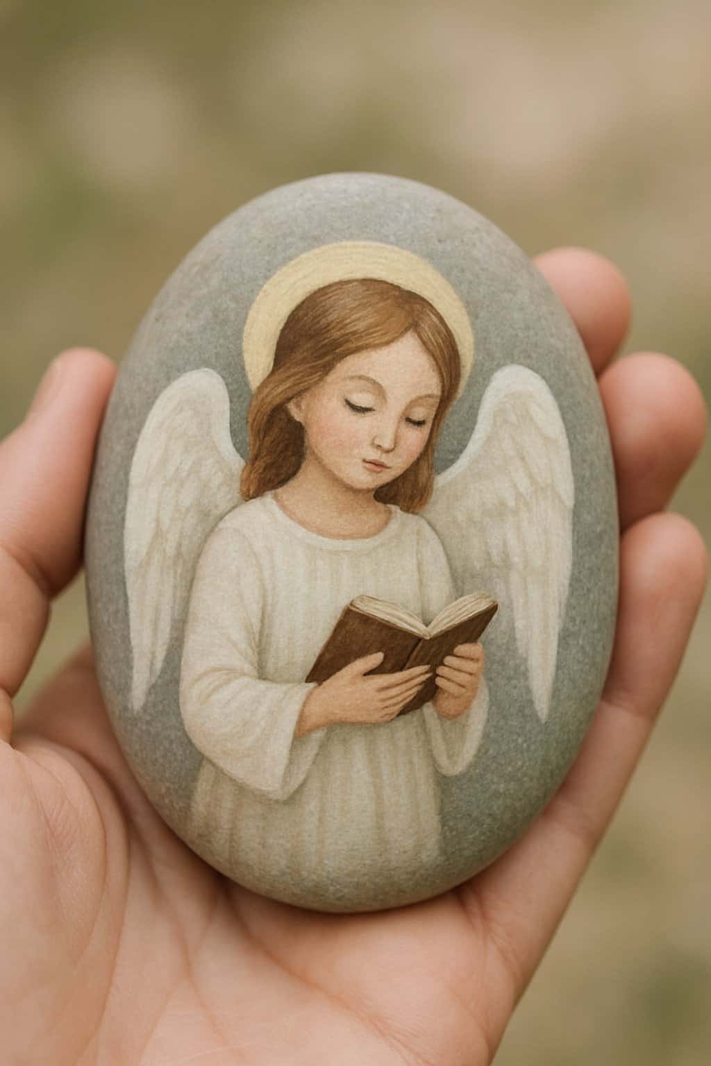A hand holding a smooth river rock painted with an angel holding a tiny book.