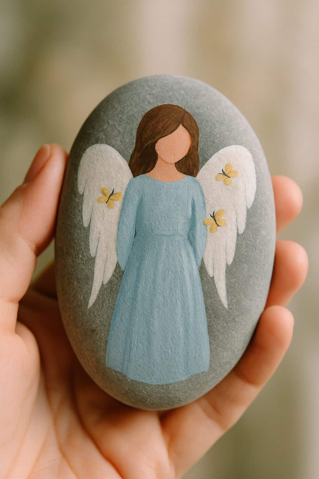 A hand holding a smooth painted rock with an angel and small butterflies on its wings.