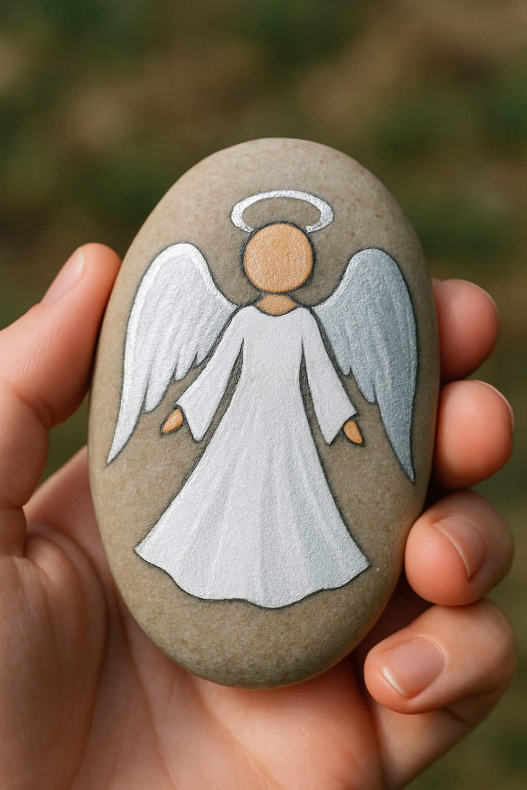 A hand holding a smooth river rock painted with an angel and silver halo design.