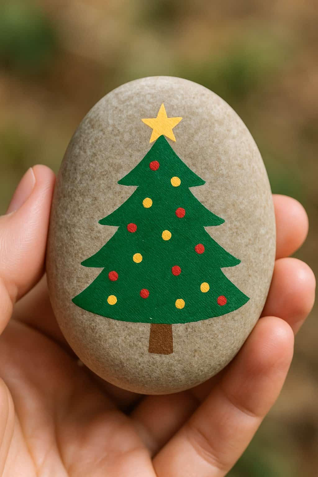 A hand holding a smooth river rock painted with a simple Christmas tree design.