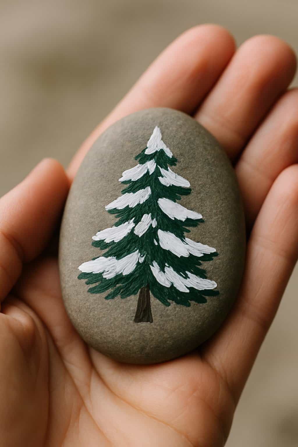 A hand holding a smooth river rock painted with a snow-covered pine tree.