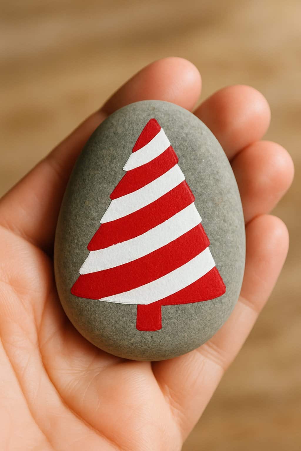 A hand holding a smooth river rock painted with red and white stripes forming a Christmas tree design.