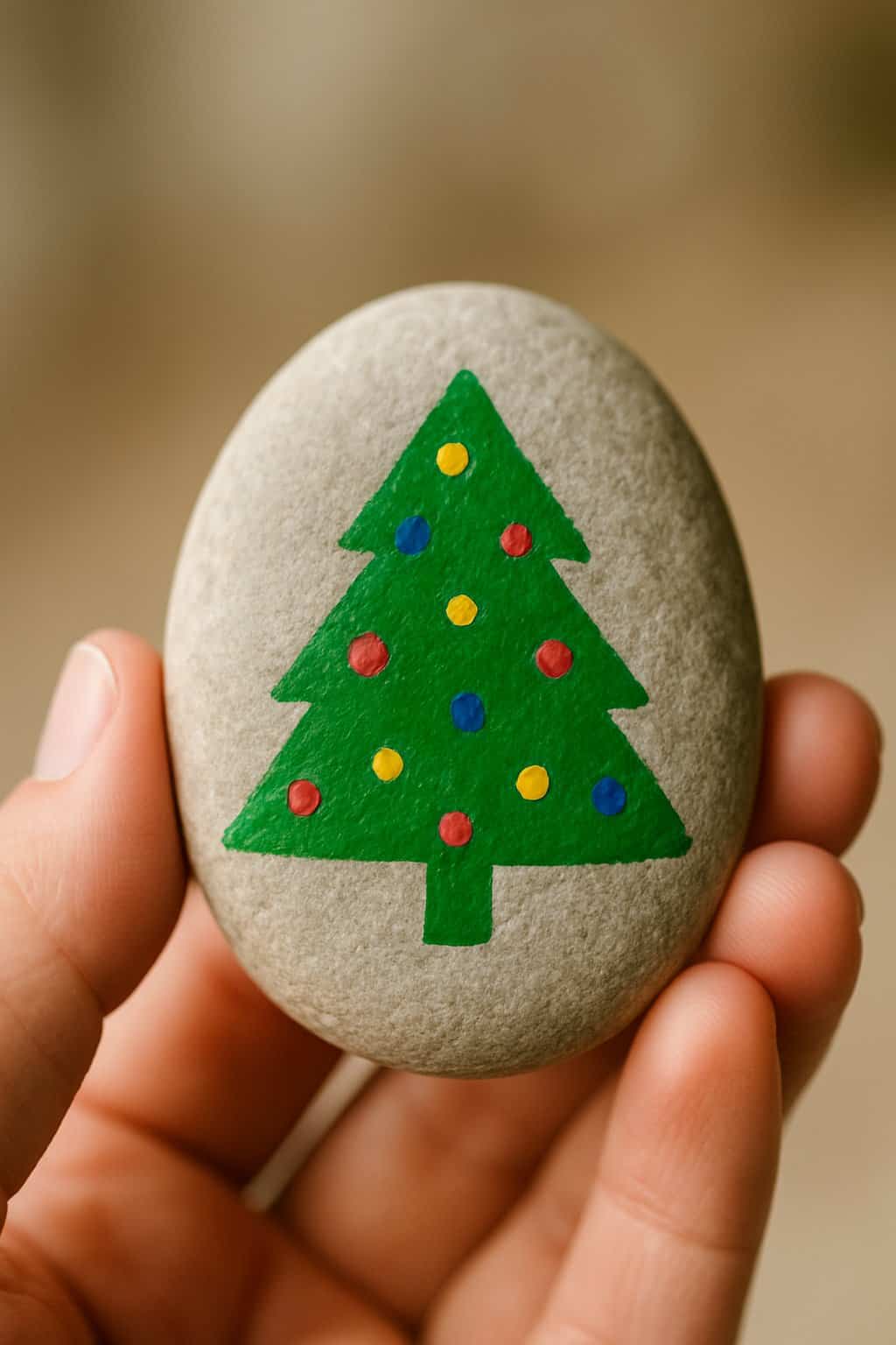 A hand holding a smooth river rock painted with a simple Christmas tree design made of a green triangle and colorful dots.