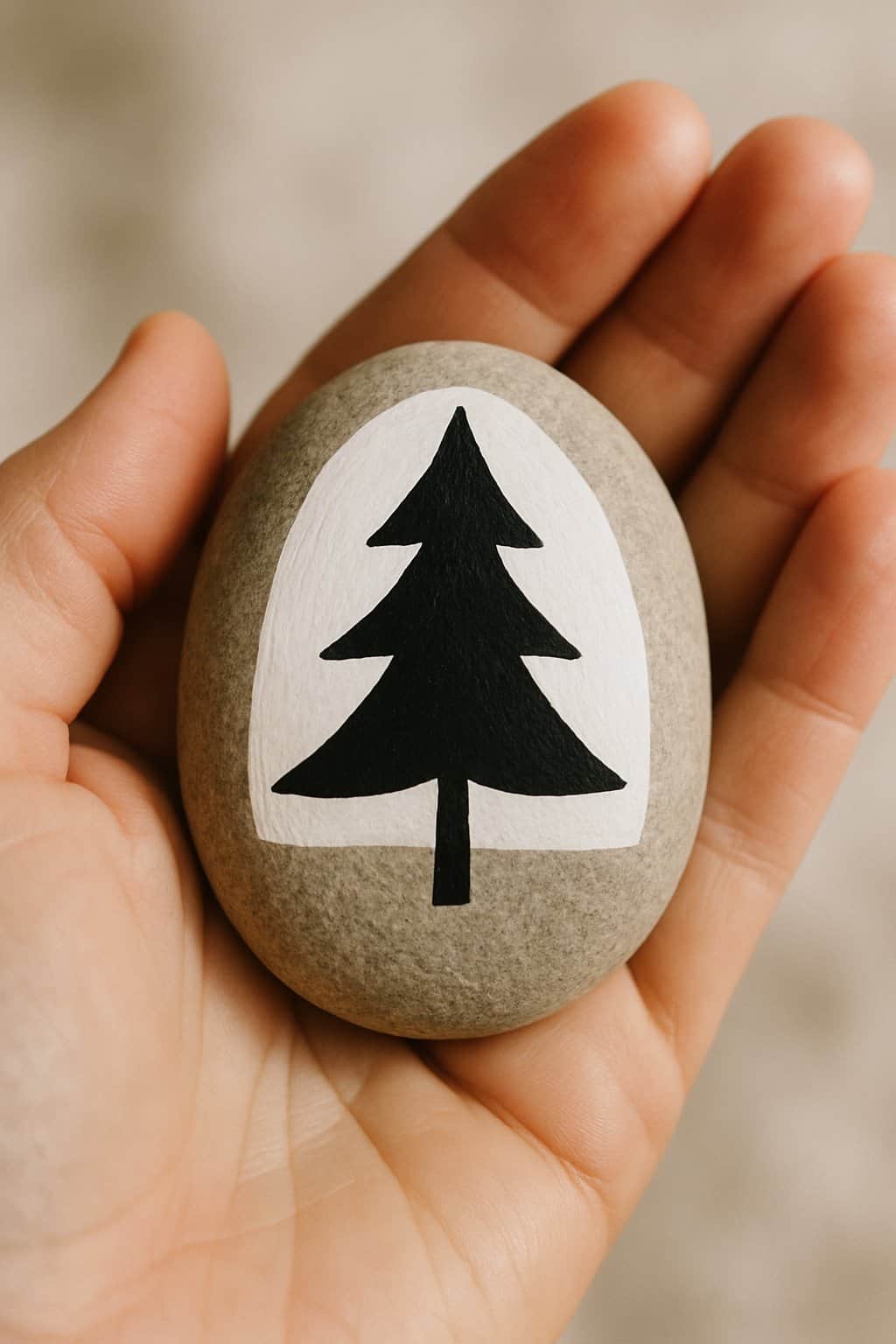 A hand holding a smooth river rock painted with a black and white Christmas tree design.