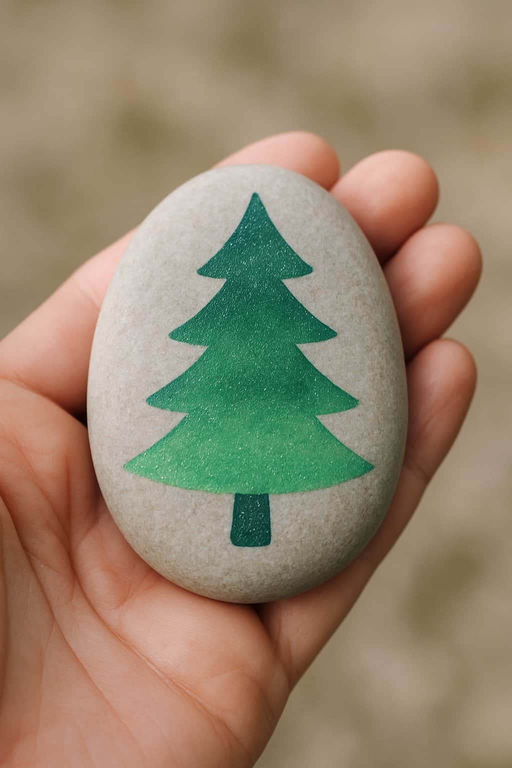 A hand holding a smooth river rock painted with a green Christmas tree design.