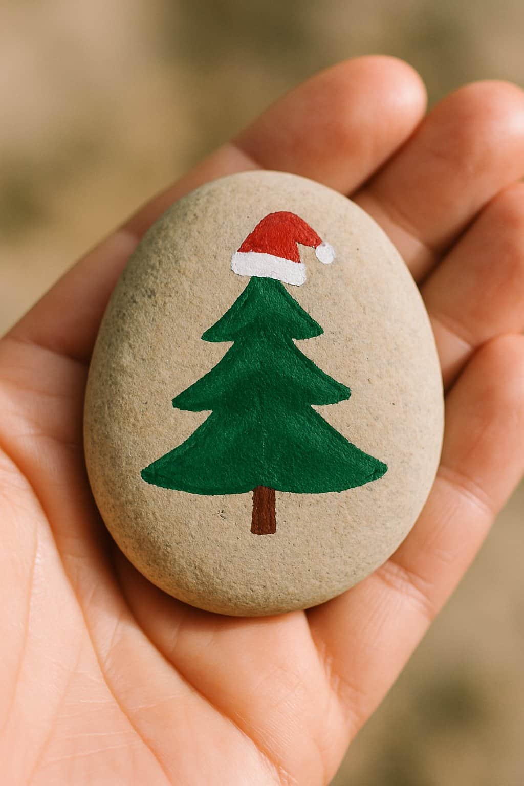 A hand holding a smooth river rock painted with a Christmas tree topped with a red Santa hat.