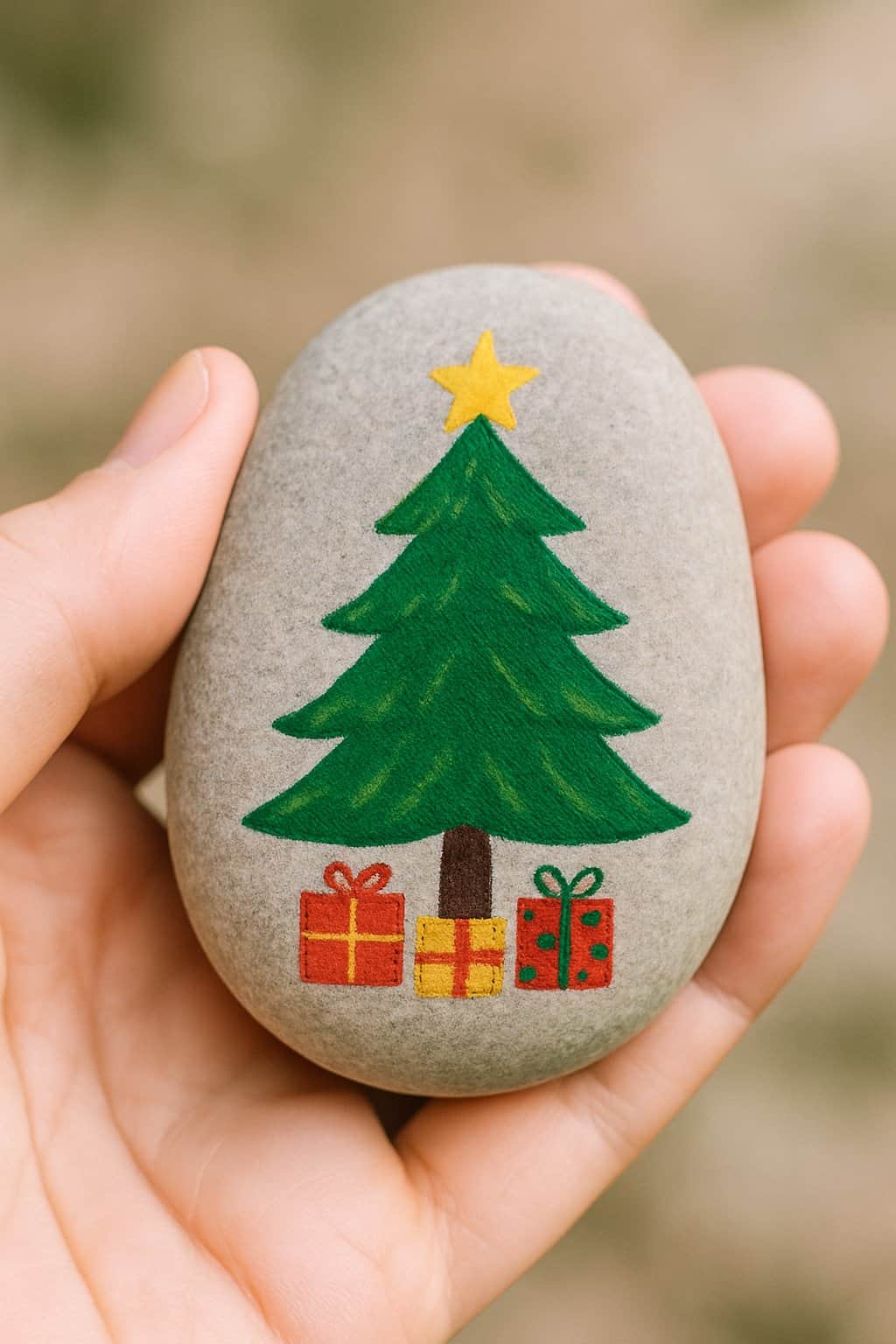 A hand holding a smooth river rock painted with a Christmas tree and tiny presents.