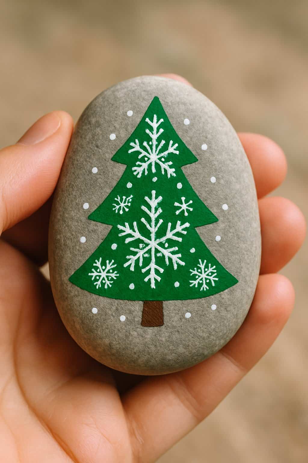 A hand holding a smooth river rock painted with a green Christmas tree and white snowflake patterns.