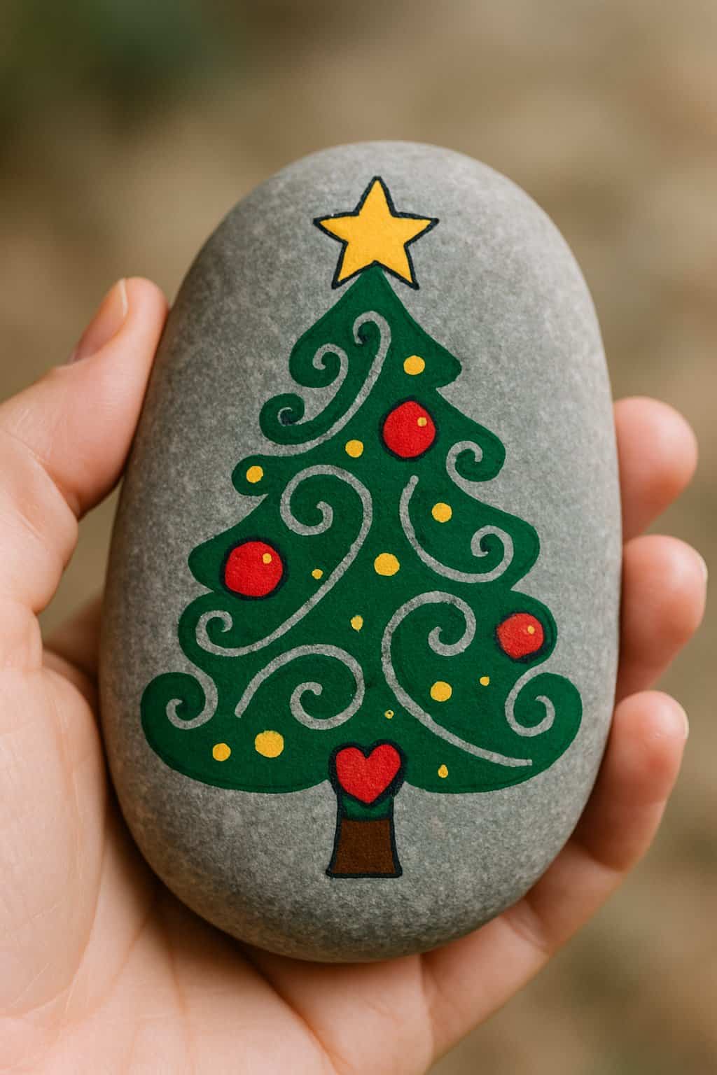 A hand holding a smooth river rock painted with a whimsical Christmas tree design made of swirls.
