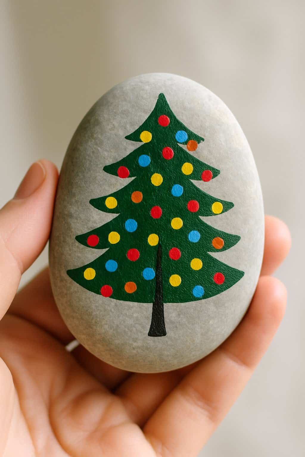 A hand holding a smooth river rock painted with a tree decorated with colorful polka dot lights.