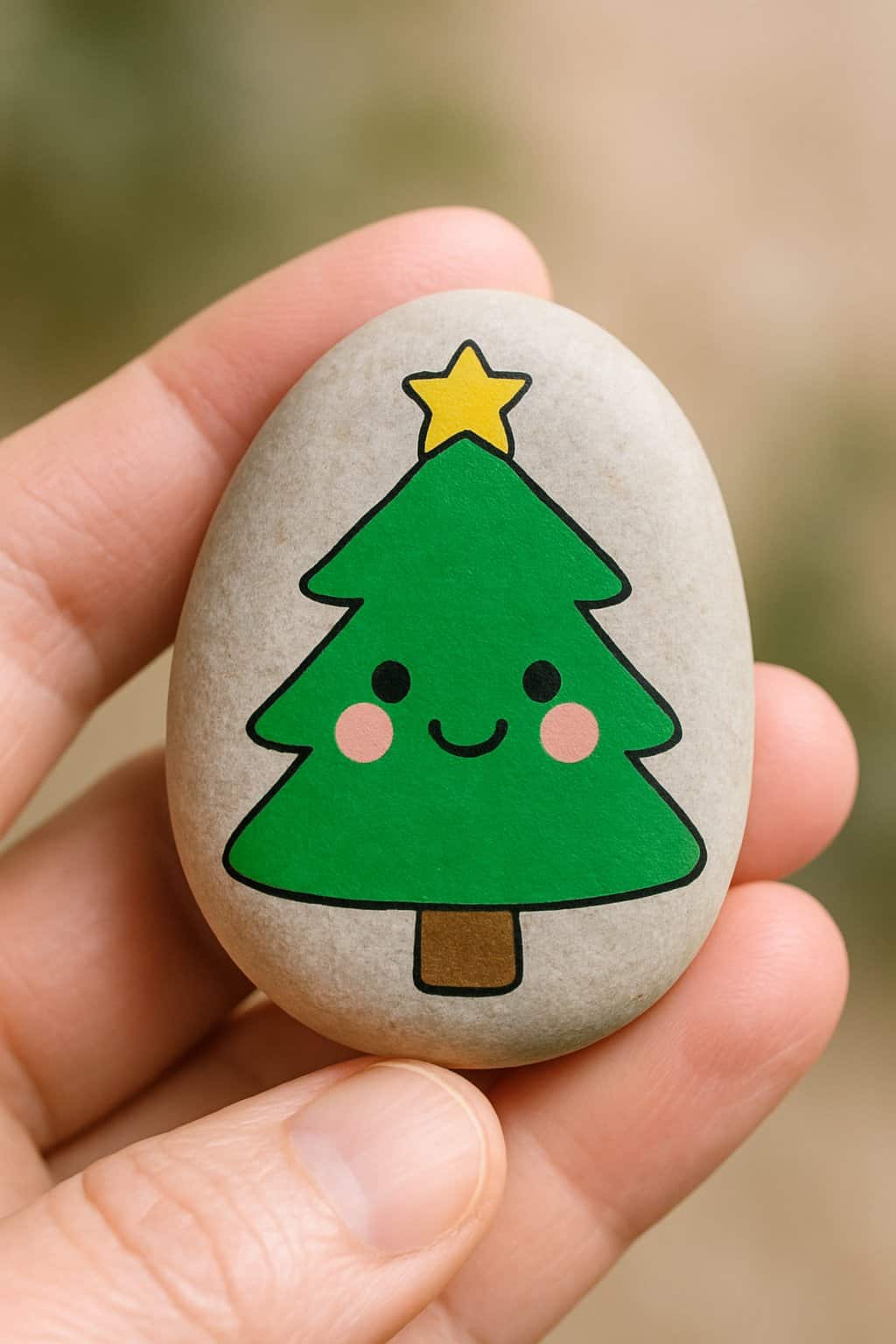 A hand holding a smooth river rock painted with a smiling tree face design.