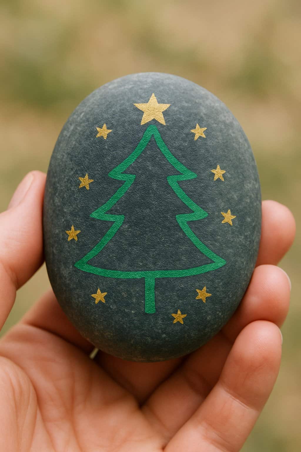 A hand holding a smooth river rock painted with a simple outlined Christmas tree and tiny stars.