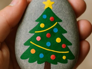 A hand holds a gray stone painted with a green Christmas tree decorated with colorful dots, yellow garland, and a yellow star on top.