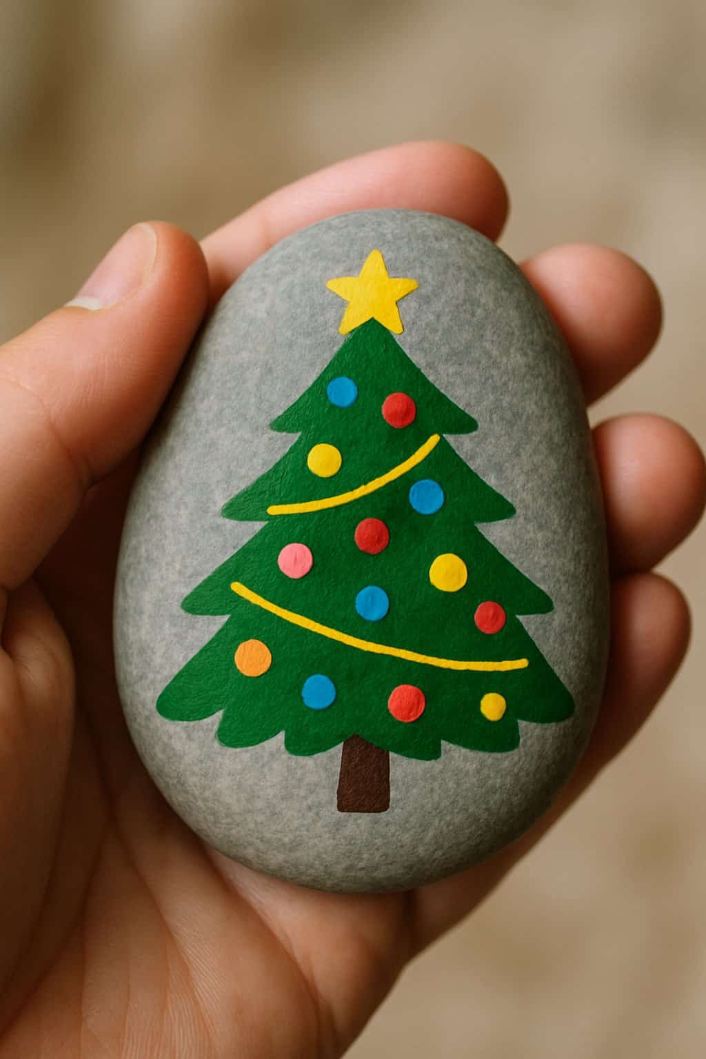 A hand holding a smooth river rock painted with a Christmas tree decorated with candy ornaments.