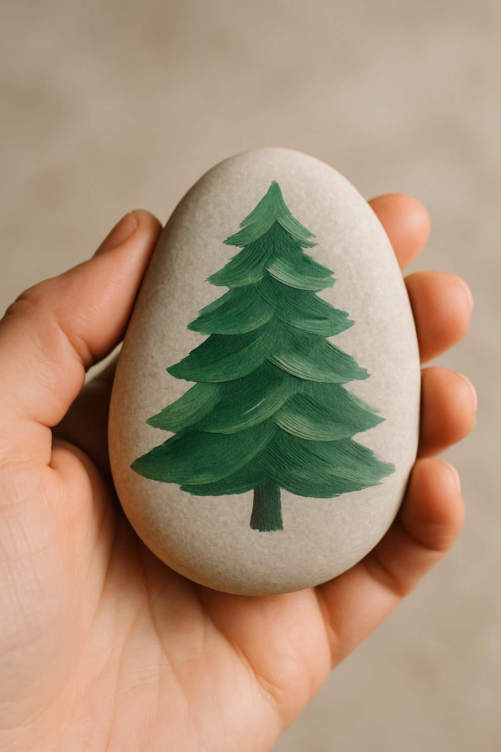 A hand holding a smooth river rock painted with a simple Christmas tree design.
