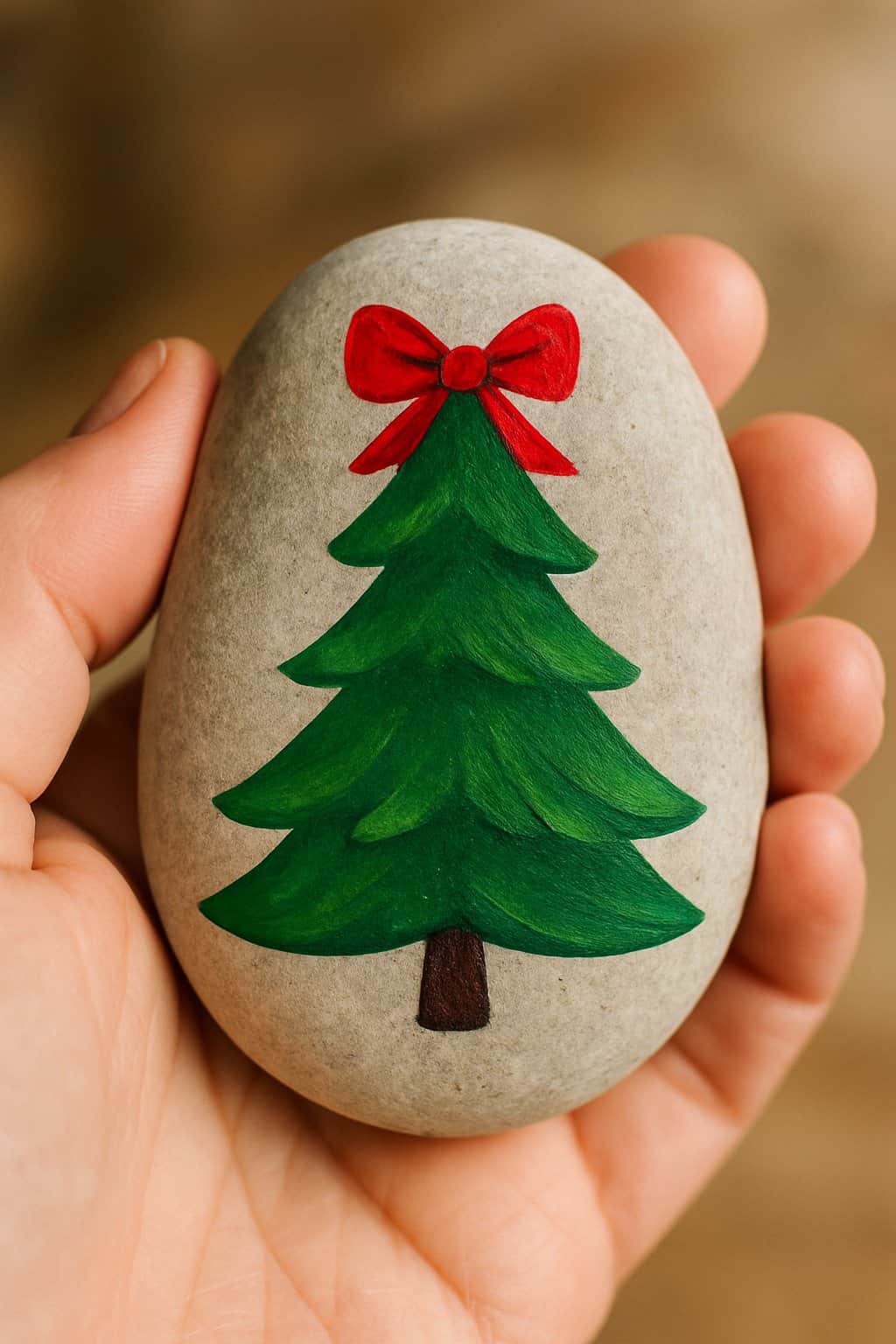 A hand holding a smooth river rock painted with a Christmas tree and a red bow on top.