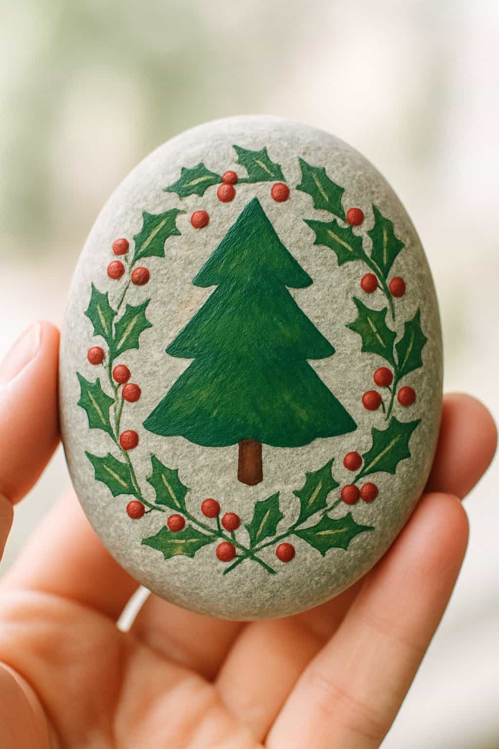 A hand holding a smooth river rock painted with a Christmas tree and holly leaves.