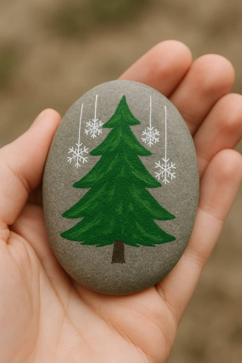 A hand holding a smooth rock painted with a Christmas tree and hanging snowflakes design.