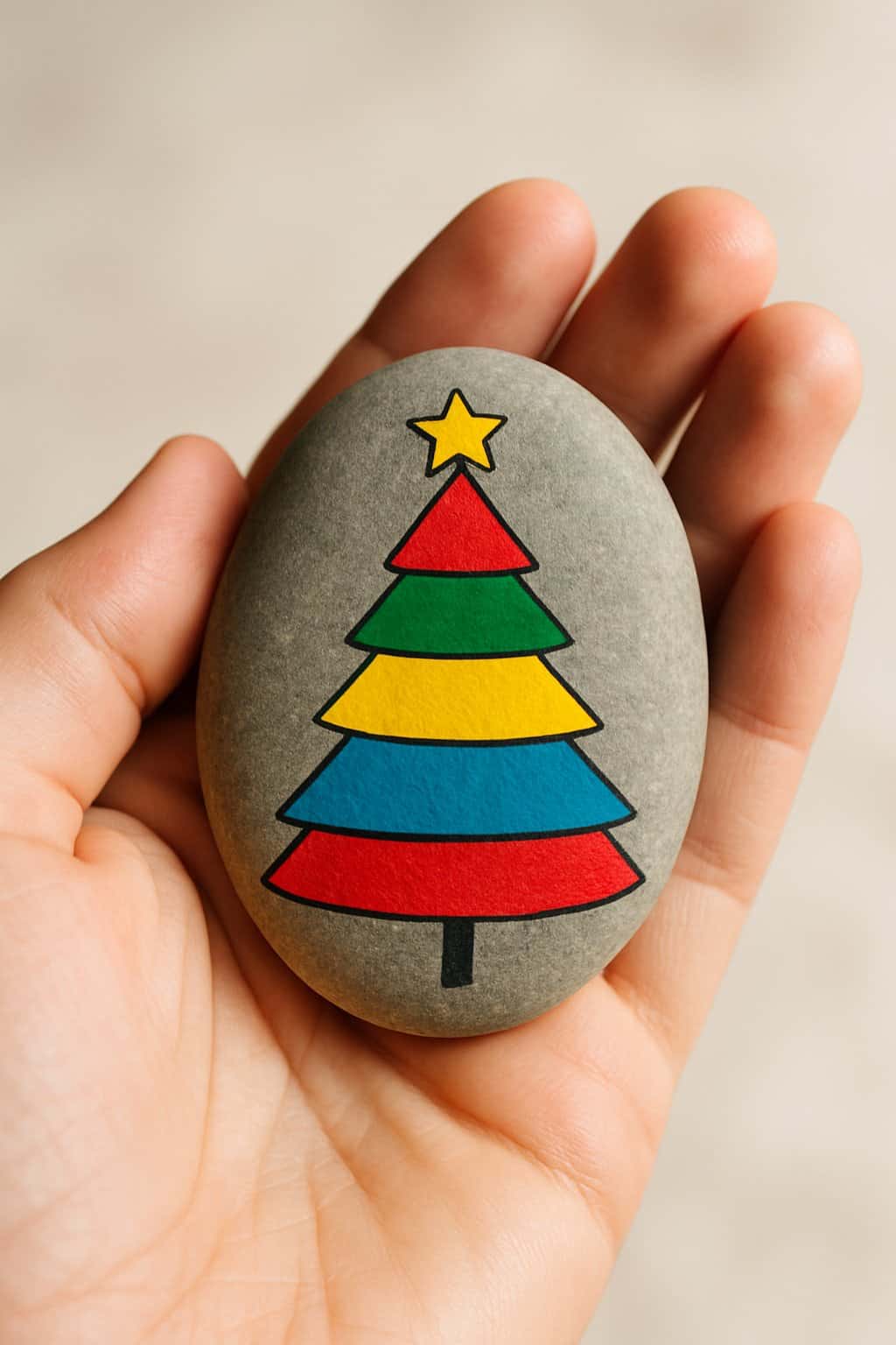 A hand holding a smooth river rock painted with a colorful striped Christmas tree design.