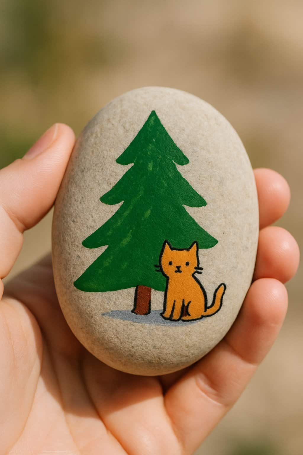 A hand holding a smooth river rock painted with a Christmas tree and a cat sitting beside it.