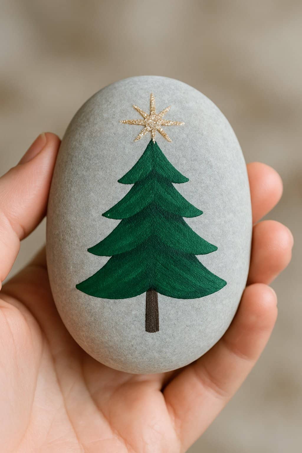 A hand holding a smooth river rock painted with a tree and a glittery starburst on top.