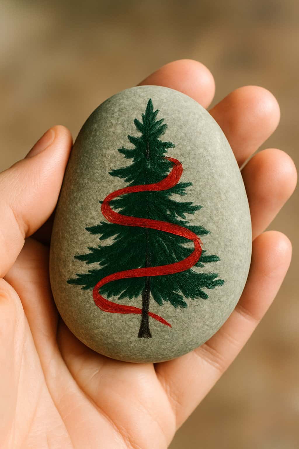 A hand holding a smooth river rock painted with a tree wrapped in a red ribbon.