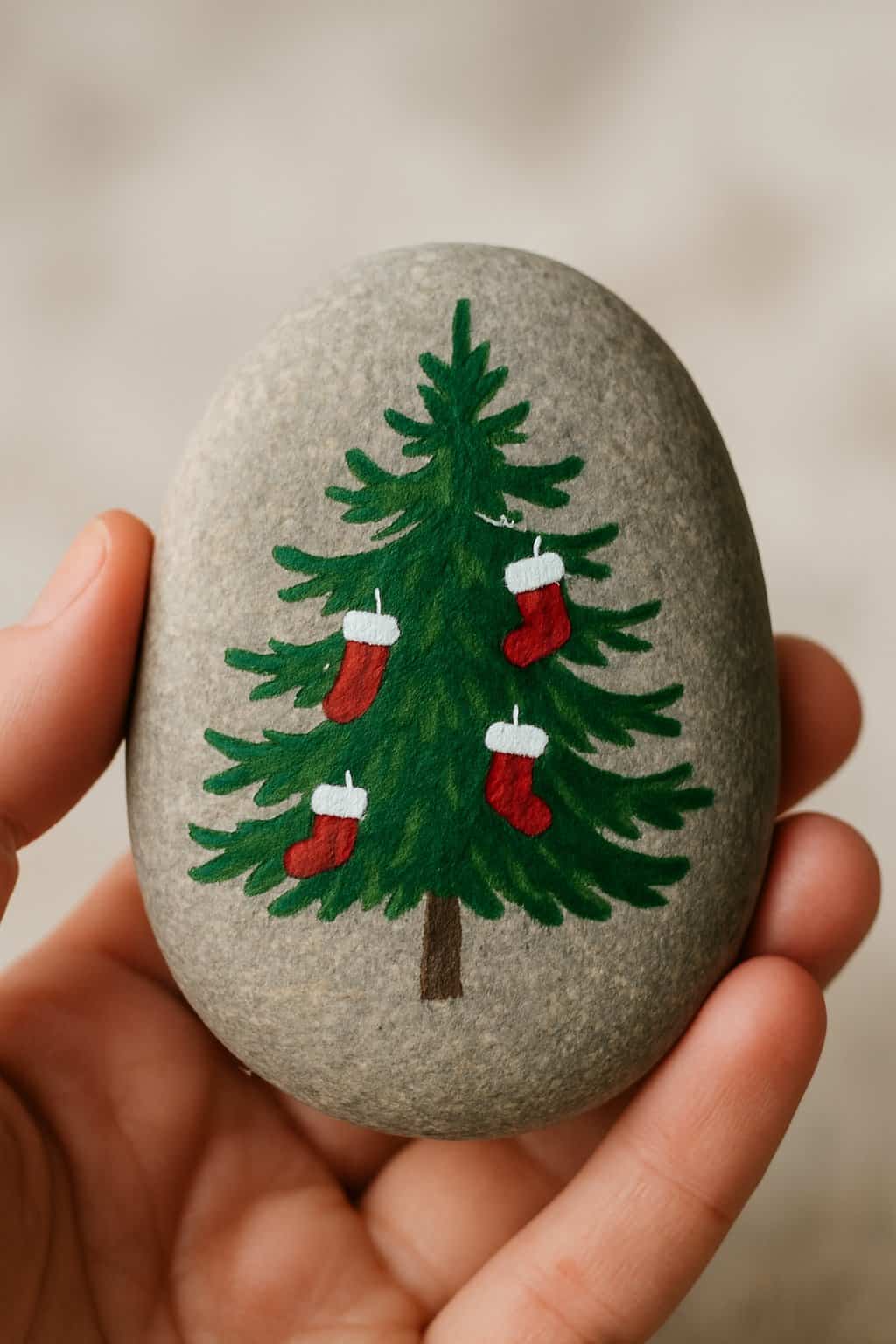 A hand holding a smooth river rock painted with a Christmas tree and mini stockings.