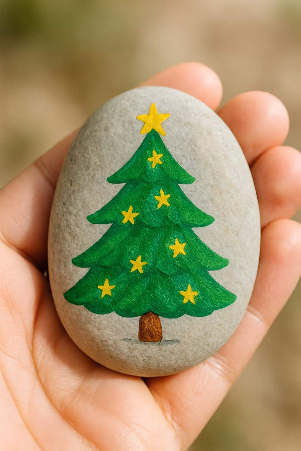 A hand holding a smooth river rock painted with a Christmas tree and star pattern.