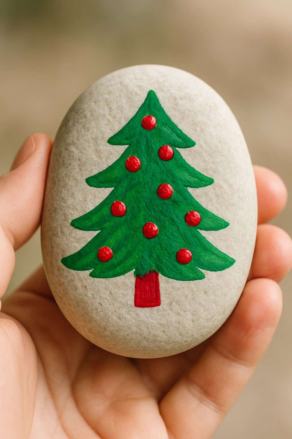 A hand holding a smooth river rock painted with a simple Christmas tree design in red and green.