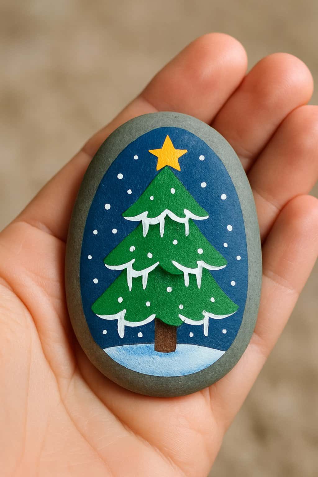 A hand holding a smooth river rock painted with a Christmas tree and icicles design.