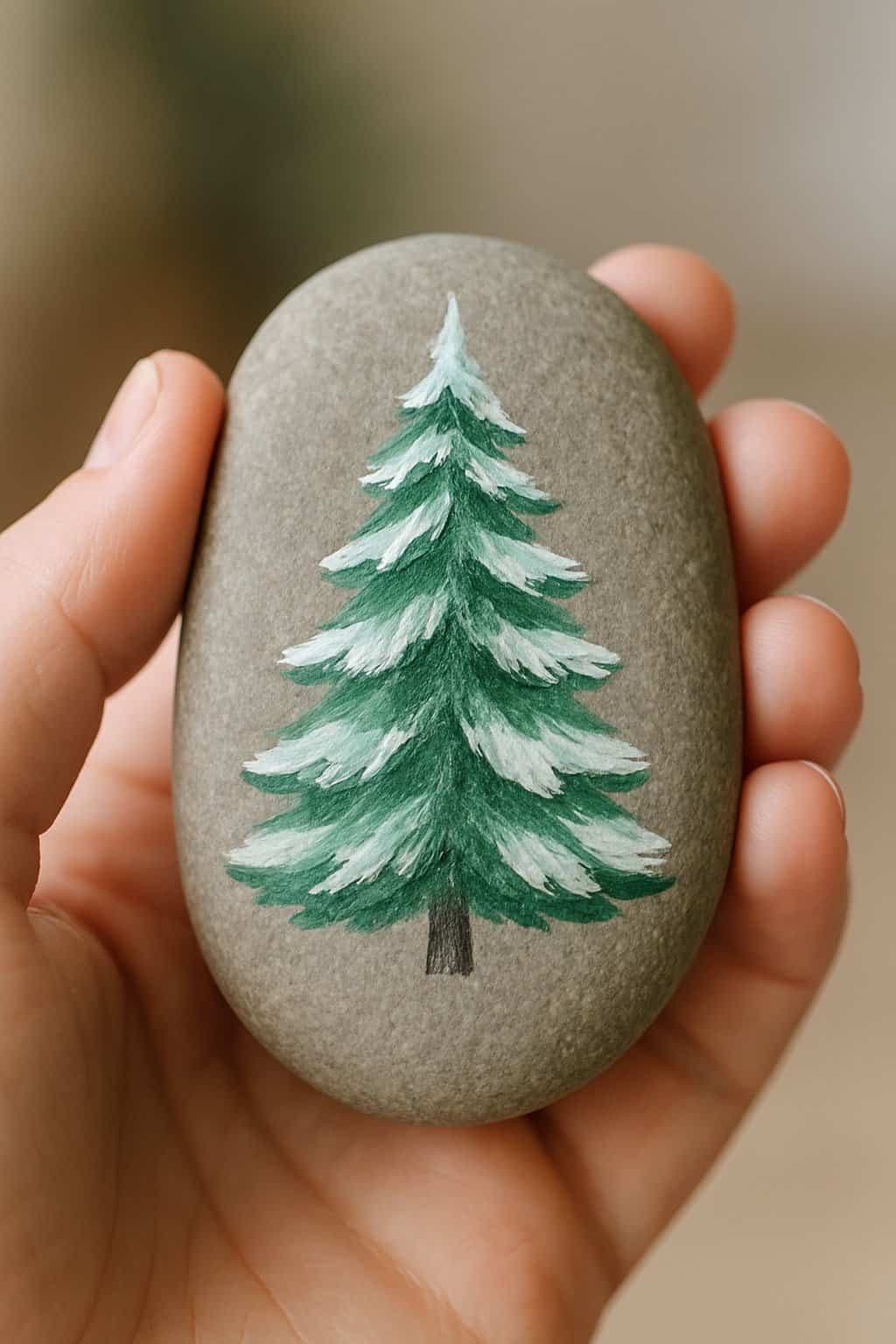 A hand holding a smooth river rock painted with a Christmas tree design with frosted tips.
