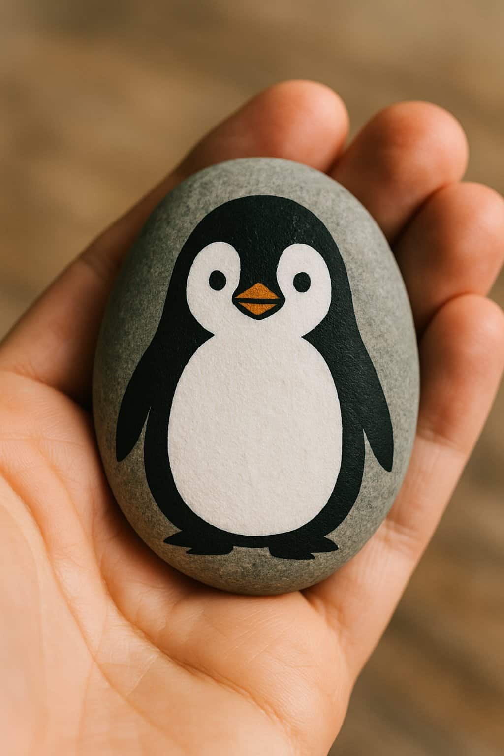 A hand holding a smooth river rock painted with a black and white penguin with an orange beak.