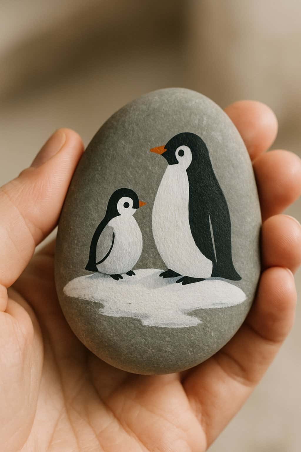 A hand holding a smooth rock painted with a penguin family standing on snow.