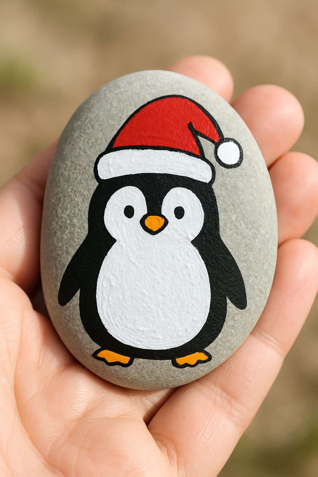 A hand holding a smooth river rock painted with a cute penguin wearing a Santa hat.