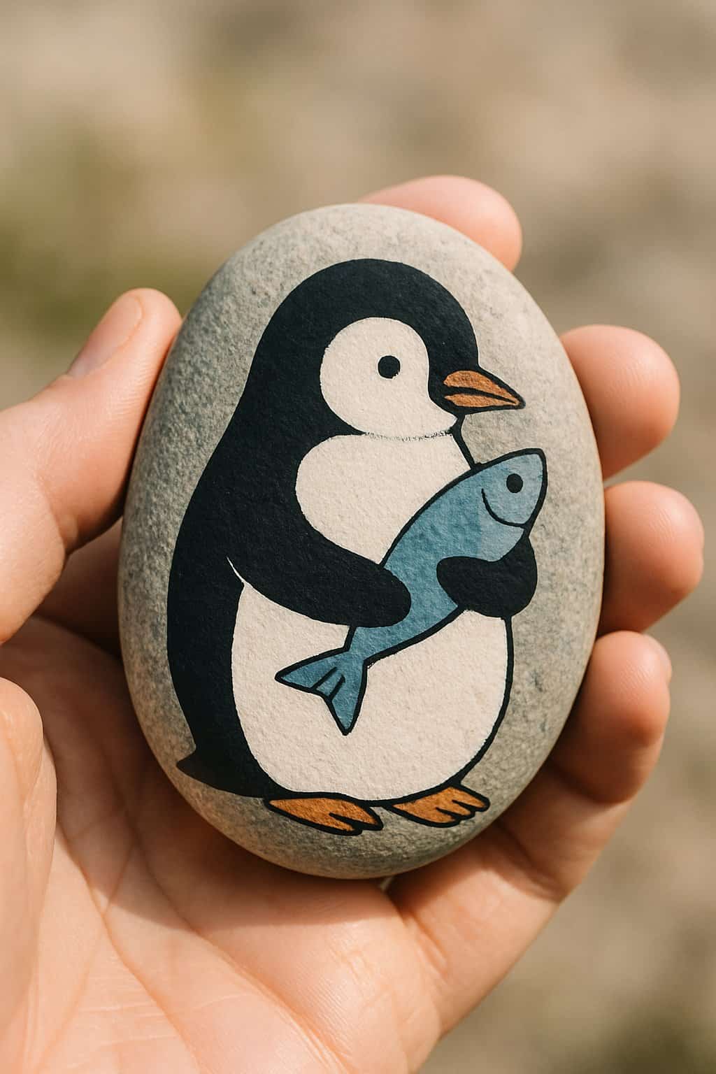 A hand holding a smooth river rock painted with a penguin holding a fish.