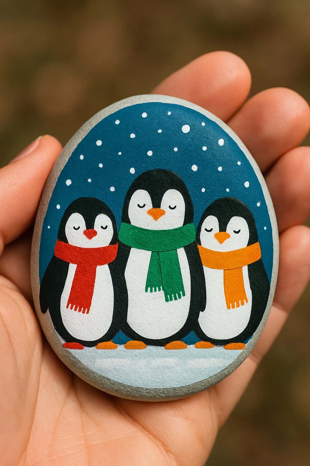 A hand holding a smooth river rock painted with three penguins wearing scarves.