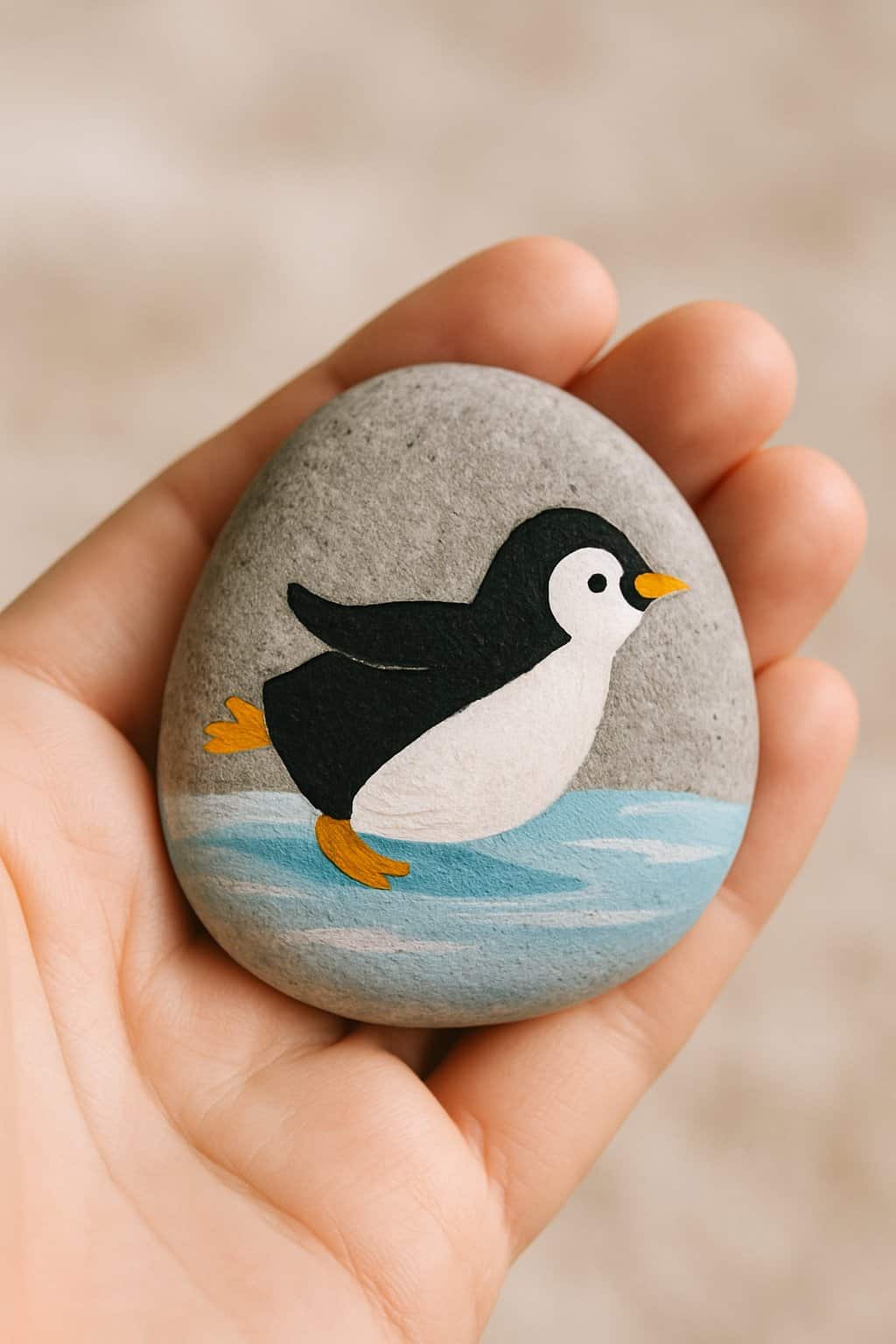 A hand holding a smooth river rock painted with a penguin sliding on ice.