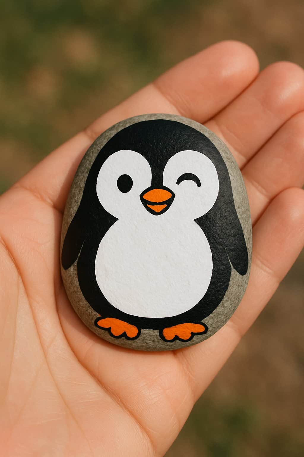 A hand holding a smooth river rock painted with a winking penguin design.