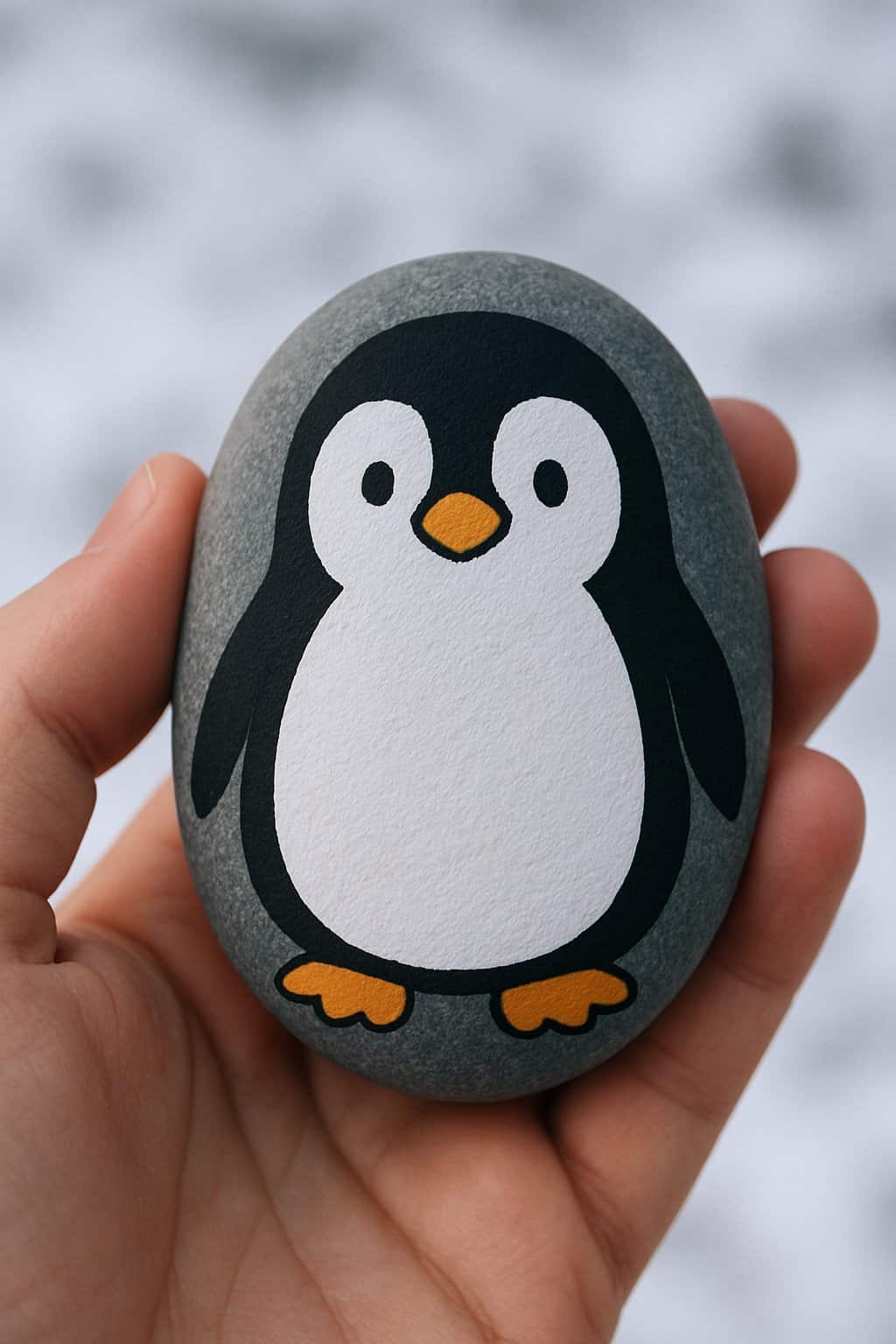 A hand holding a smooth river rock painted with a playful penguin design against a snowy background.