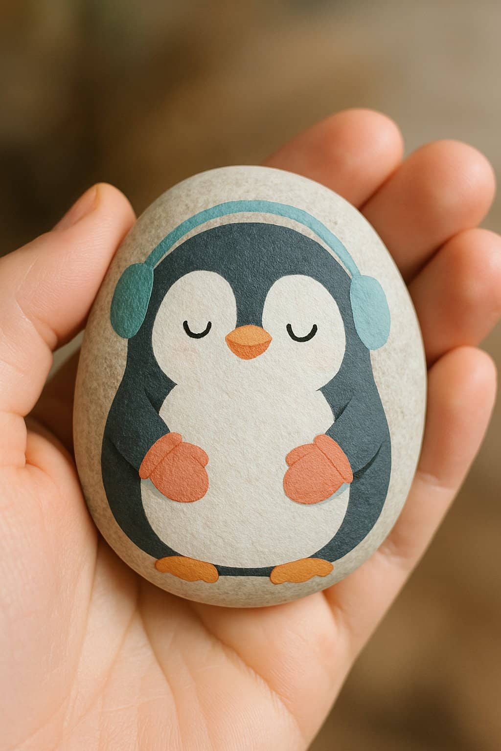 A hand holding a smooth river rock painted with a penguin wearing earmuffs and mittens.