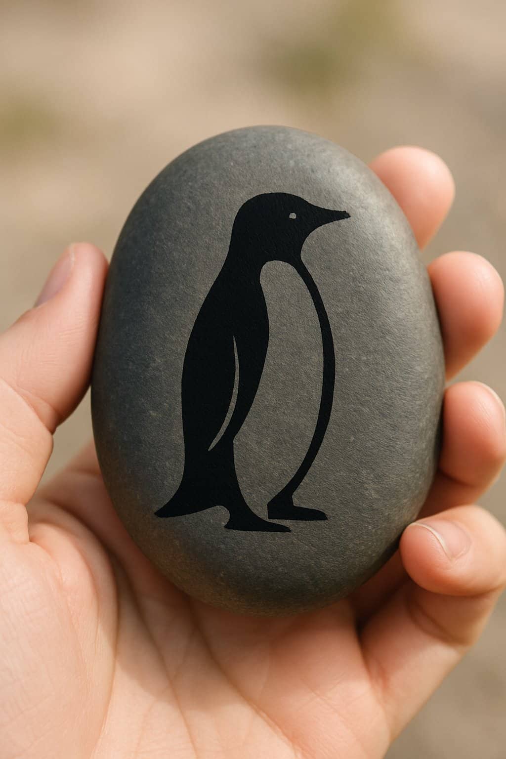 A hand holding a smooth dark rock painted with a simple black penguin silhouette.