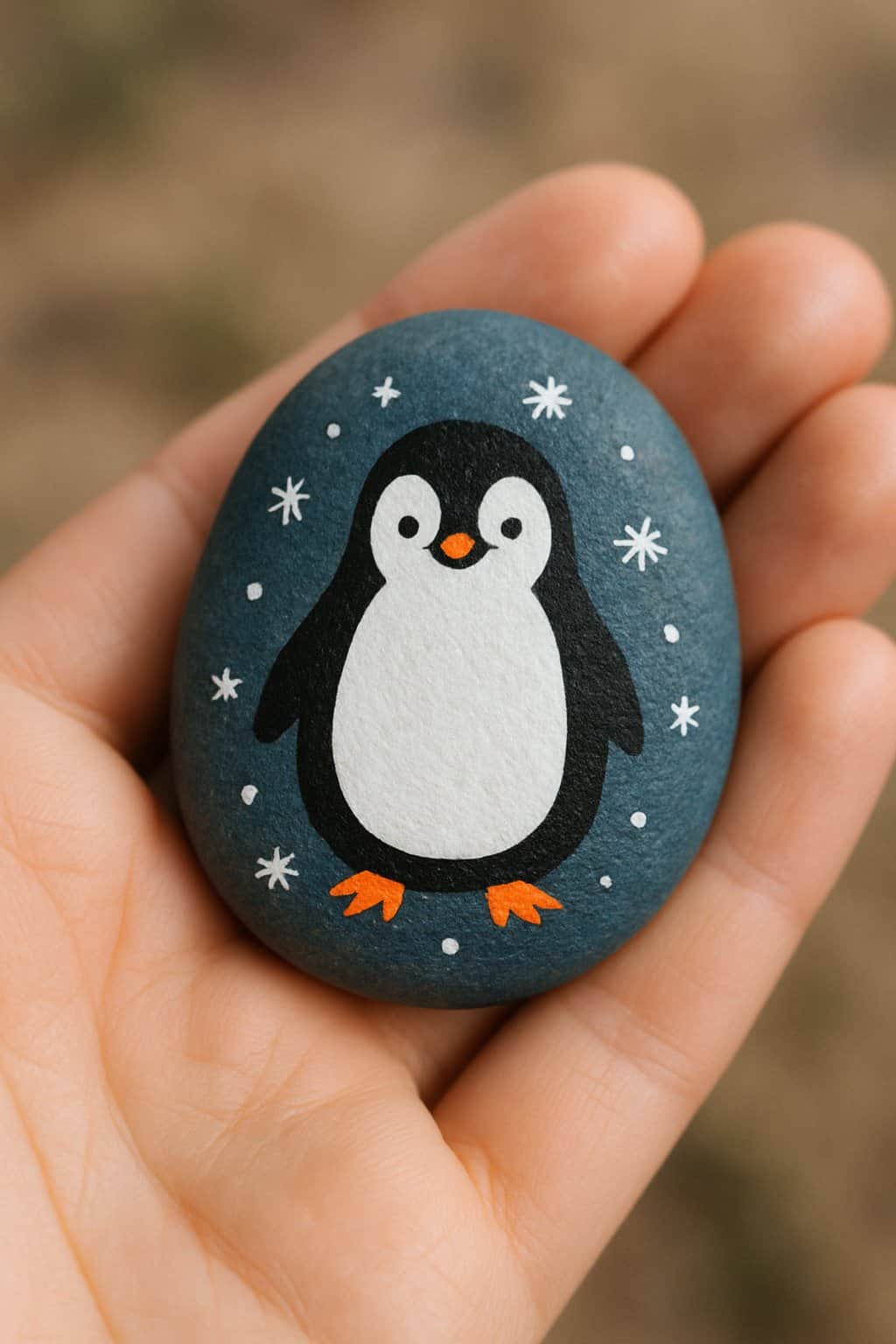 A hand holding a smooth river rock painted with a penguin and small snowflakes.