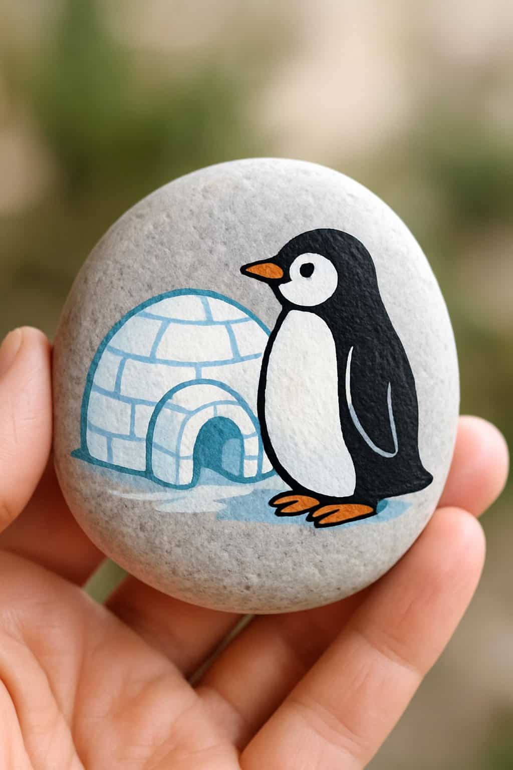 A hand holding a smooth river rock painted with a penguin and an igloo.